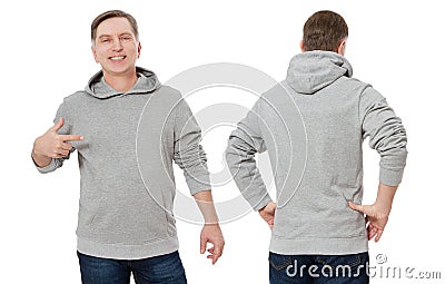 Middle age man in gray sweatshirt template isolated. Male sweatshirts set with mockup, copy space. Sweat shirt design front rear Stock Photo