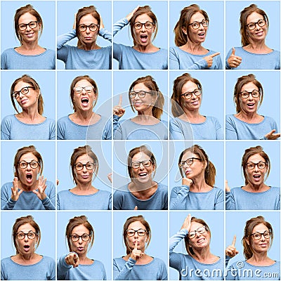 Middle age woman, different emotions collage over blue background Stock Photo