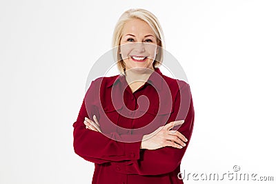 Middle age woman posing, Portrait of happy Mature business woman middle aged woman looking away and smiling isolated on white Stock Photo