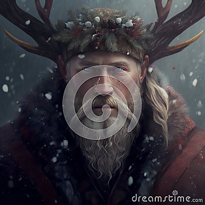 A middle-aged bearded man in a spruce wreath. Father Frost. The Winter Solstice, Celebrating Yule Stock Photo