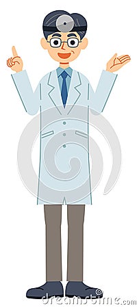 A middle-aged male doctor in a white coat and a binocular mirror smiles and explains. Vector Illustration