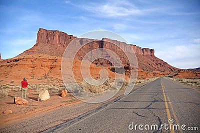 Middle-Aged Man Taking a Photo of Parriott Mesa Stock Photo