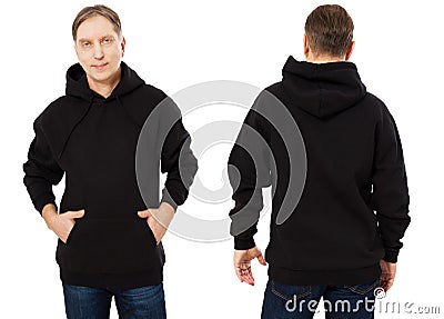 Middle aged man in template mens hoodie sweatshirt isolated on white background. Man in black blank sweatshirt hoody with copy Stock Photo