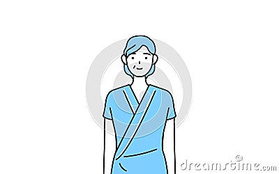 Middle-aged and senior female admitted patient in hospital gown with a smile facing forward Stock Photo