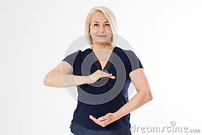 Middle-aged woman holding something on hands, Full body portrait of happy smiling young beautiful midle agewoman showing something Stock Photo