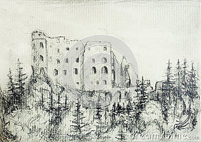 Middle castle pencil drawing in forest, on old paper. Stock Photo