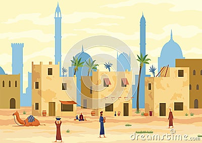 Middle east. Arabic desert landscape with traditional mud brick houses and people. Ancient building on background Vector Illustration