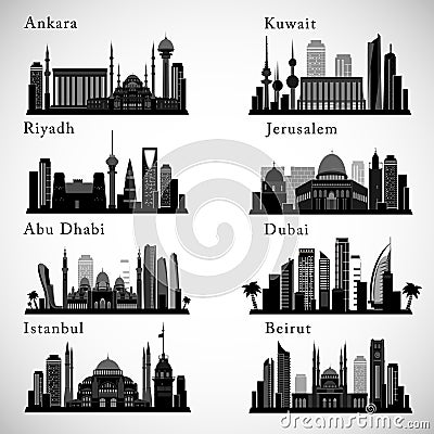Middle East Cities skylines set. Middle east landmarks vector silhouettes Vector Illustration