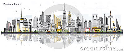 Middle East City Skyline with Color Buildings and Reflections Is Stock Photo