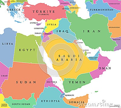 Middle East, colored countries, political map, formerly known as Near East Vector Illustration