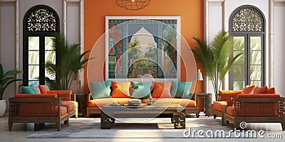 Middle east interior design of living room with orange sofa and green armchairs Stock Photo
