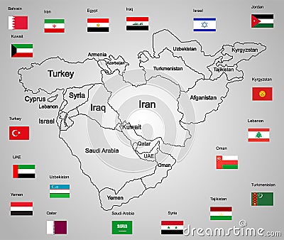 Middle east map set of states and flags. Cartoon Illustration