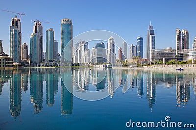 Middle East, United Arab Emirates, Dubai, Downtown, Burj Khalifa Fountain Lake Stock Photo