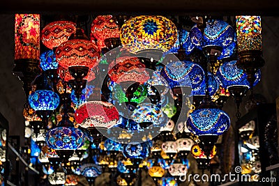 Middle Eastern colored lanterns close-up view. Stock Photo
