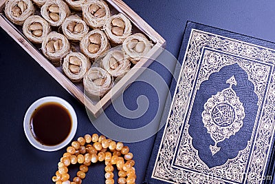 Middle Eastern dessert Bulbul Nest knafeh served with Arabic black coffee Qahwah. Top view of Turlish Baklava food photography Stock Photo