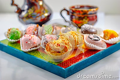 Middle Eastern Desserts. Arabic Sweets. Henna and Mimouna Cookies. Stock Photo