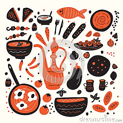 Middle eastern food. Set of hand drawn illustration of different tradishional middle eastern dishes made in doodle style Vector Illustration