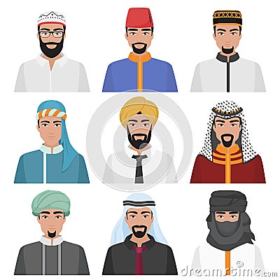 Middle Eastern Men avatar set. Arabian muslim male face collection. Vector illustration. Vector Illustration