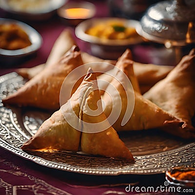 In a Middle Eastern style room with a warm ambience, close up photography showcases the serving of samosas for an Iftar meal Stock Photo