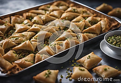 Middle Eastern traditional dessert Baklava or Baklawa. Served in baking tray and topped with delicious crushed pistachio Stock Photo