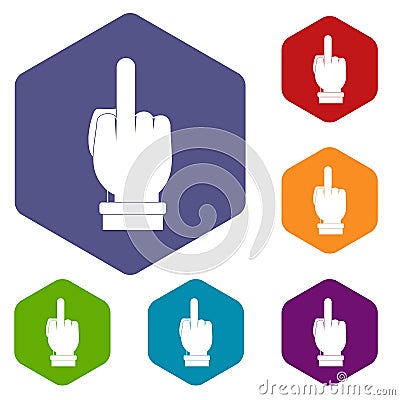 Middle finger hand sign icons set hexagon Vector Illustration