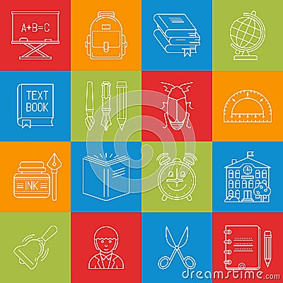 Middle school lineart minimal vector iconset on multicolor checkered texture Vector Illustration