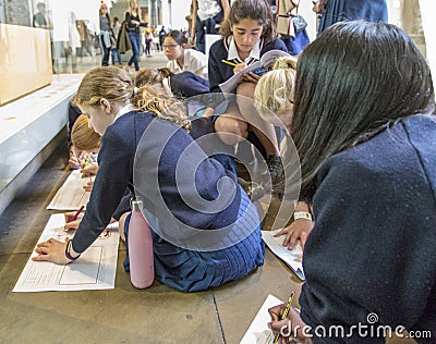 Middle school students making problems in british museum Editorial Stock Photo