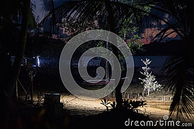 Midges in the light of a lantern in the dark Stock Photo