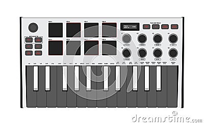 MIDI controller. Portable synthesizer, two octaves keyboard, drum pads and knobs Vector Illustration
