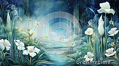 Midnight Blooms in a Mystical Moonlit Forest. Moonlight filters through a mystical forest, highlighting the white blooms Stock Photo