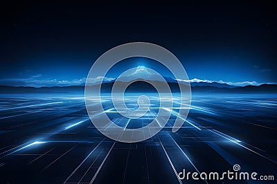 A midnight blue digital landscape, illuminated by neon grids and holographic data streams Stock Photo