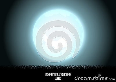 Midnight fool moon abstract background with black grass silhouette. Vector Illustration