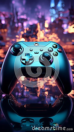 Midnight gaming blue themed video game, close up of joystick, immersing in virtual world Stock Photo