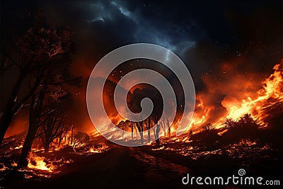 Midnight inferno Wildfire rages in the mountains under the stars Stock Photo