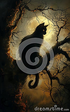 Midnight Magic: A Dreamy Feline's Occult Adventure in the Moonli Stock Photo