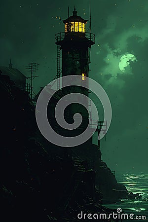 Midnight at the Moonglow Lighthouse: A Hauntingly Beautiful Apoc Stock Photo