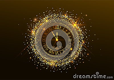 Midnight New Year. Clock with Roman numerals and gold confetti on dark background Vector Illustration