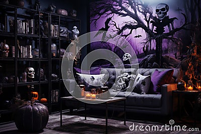 Midnight Revels: Frat House Halloween Bash Amidst Purple and Black Charms Stock Photo