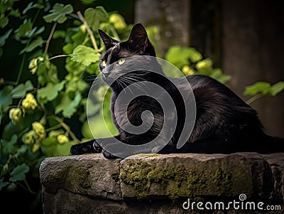 Midnight Reverie: Cat's Mysterious Serenade in the Moonlit Garden Stock Photo