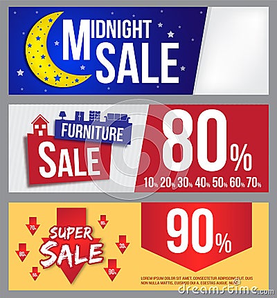 Midnight sale, furniture sale and super sale banner for commercial Vector Illustration