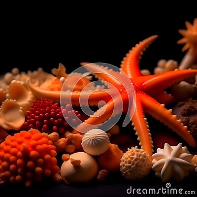 Midnight Serenity: Dried Starfish and Corals Creating a Tranquil Scene on a Black Canvas Stock Photo