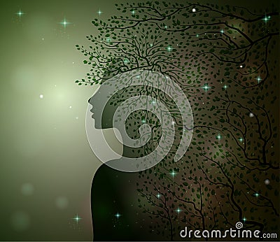 Midnight summer dream, forest fairy, woman profile decorated with leaves branches and sparkles, Flora, Vector Illustration