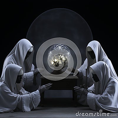 Midnight Veiled Witches: A Futuristic Seance In White Stock Photo