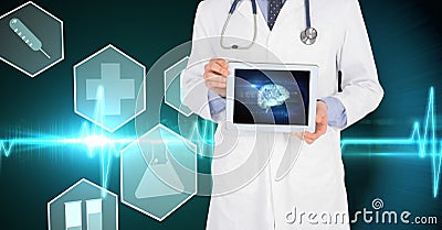 Midsection of doctor showing brain structure on tablet PC against virtual screen Stock Photo