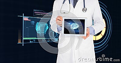 Midsection of doctor showing digital tablet with medical interface Stock Photo