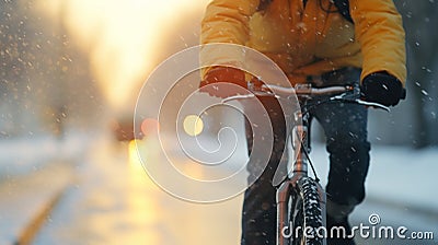 Midsection of mountain biker riding in snow outdoors in winter. Stock Photo