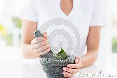 Midsection of woman holding mortar and pestle Stock Photo