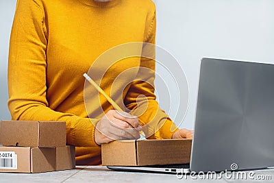 Midsection of a woman writing on a cardboard box. despatch Stock Photo