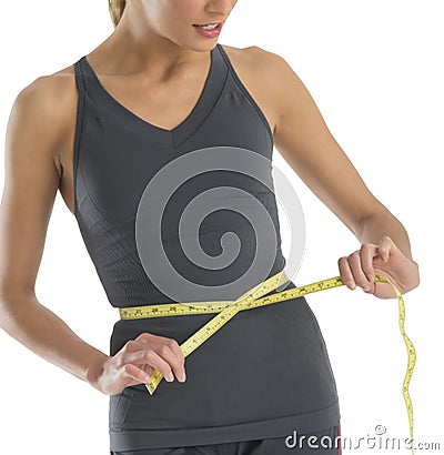 Midsection Young Woman Measuring Her Waistline Stock Photo