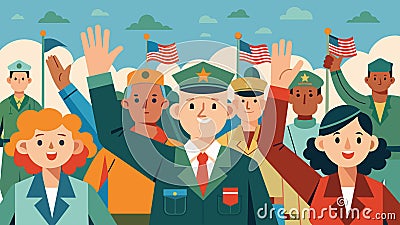 In the midst of a bustling parade these brave veterans proudly raise their hands in a salute to their country.. Vector Vector Illustration